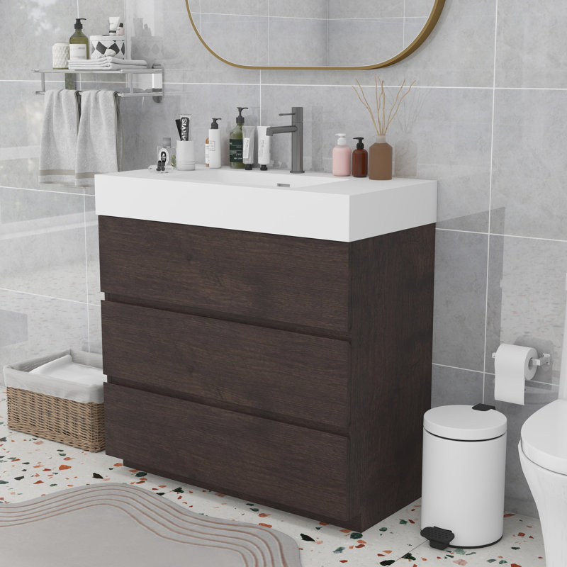 Meuble-lavabo moderne avec lavabo, Noyer, Blanc