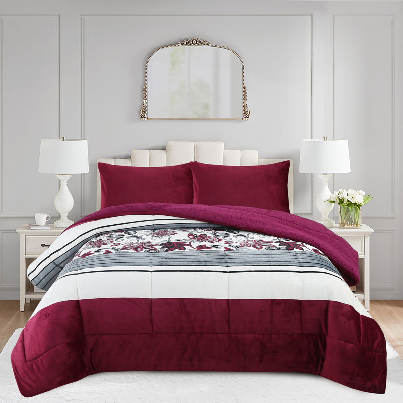 Ensemble d'édredon 3 pièces MarCielo, Motif floral rouge, Édredon grand + 2 taies d'oreiller standard