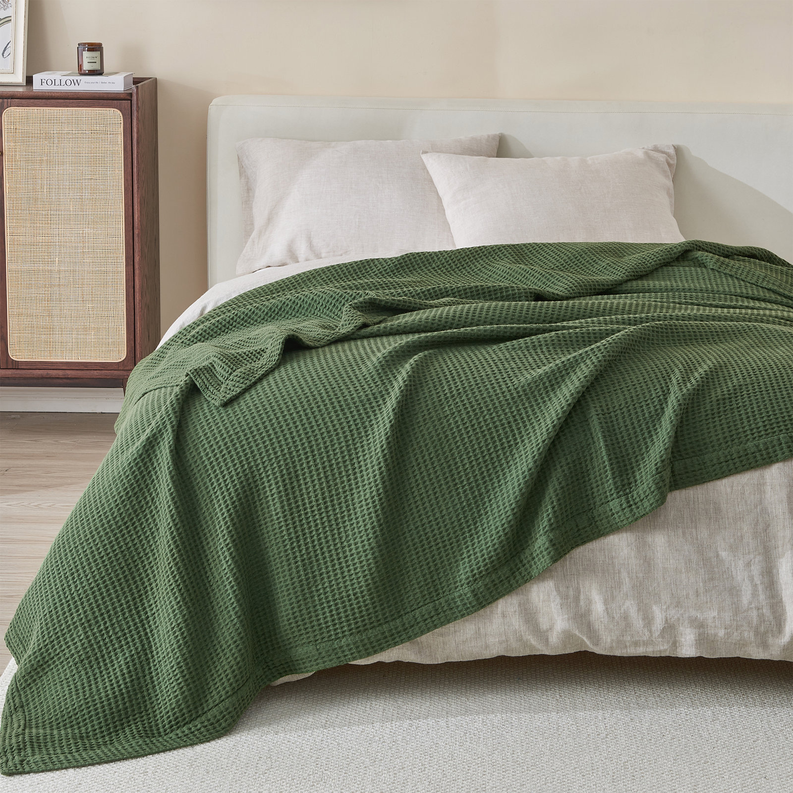 100% Cotton Waffle Weave Blanket, Twin, Forest Green