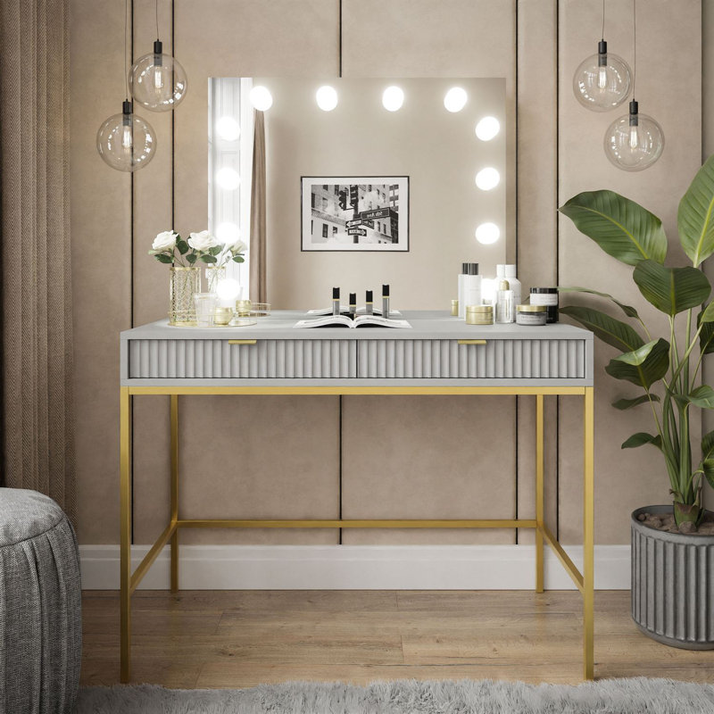 Anges Dressing Table with Mirror, Gray Matt/Gold
