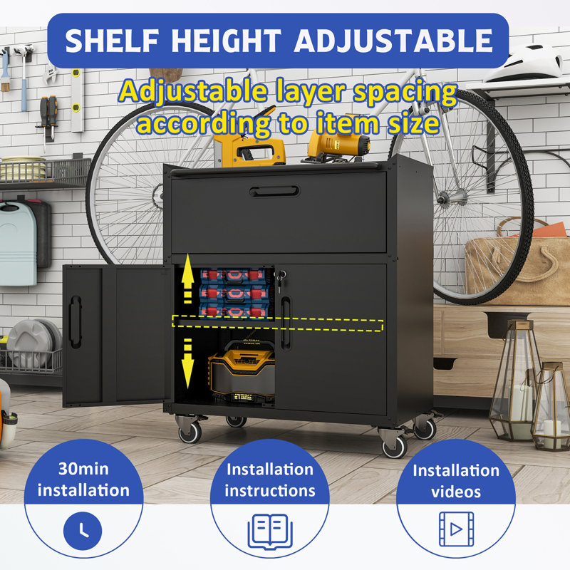 Metal Storage Cabinet with Wheels, one drawer and cabinet