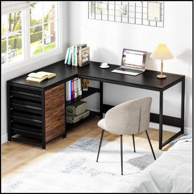 Bureau d'ordinateur en L 59 pouces avec tiroirs et tablettes de rangement, poste de travail de coin réversible, bureau d'écriture avec classeur