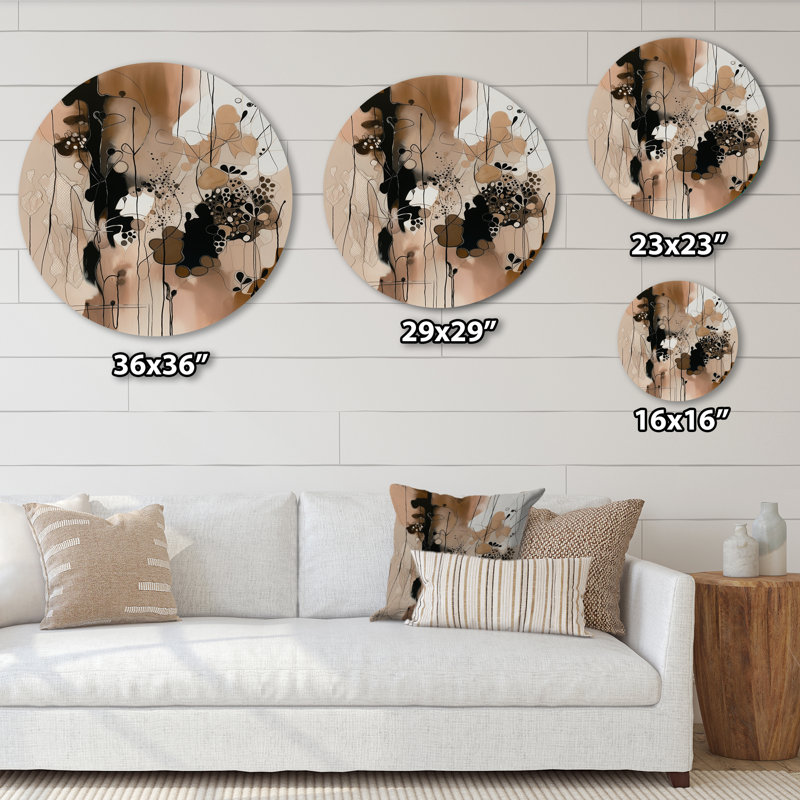Liberté artistique brune et noire I - art mural rond abstrait sur métal, H 16 po x l 16 po x P 1 po