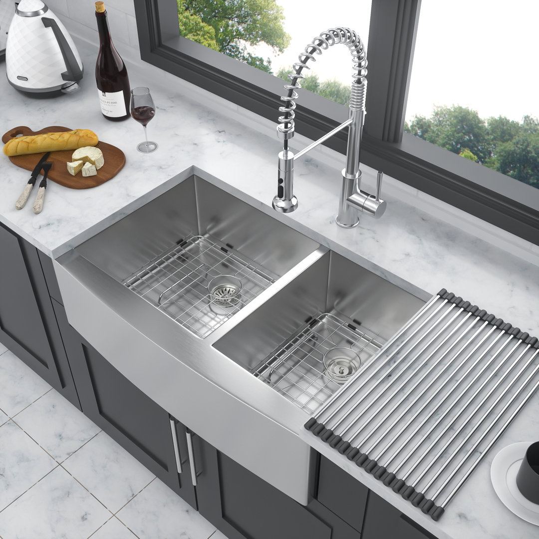 Farmhouse Double Bowl Stainless Steel Kitchen Sink with Bottom Grid, Basket Strainer and Roll-up Rack Kichae 