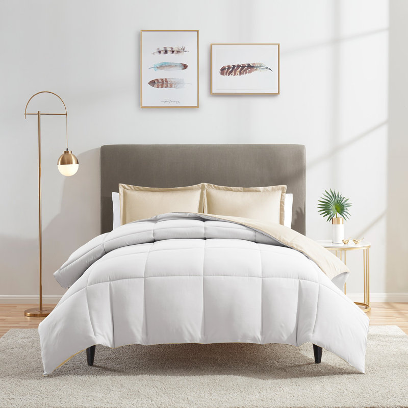 All Season Down Alternative Reversible Comforter Set, Cream/White, Queen Comforter + 2 Standard Shams