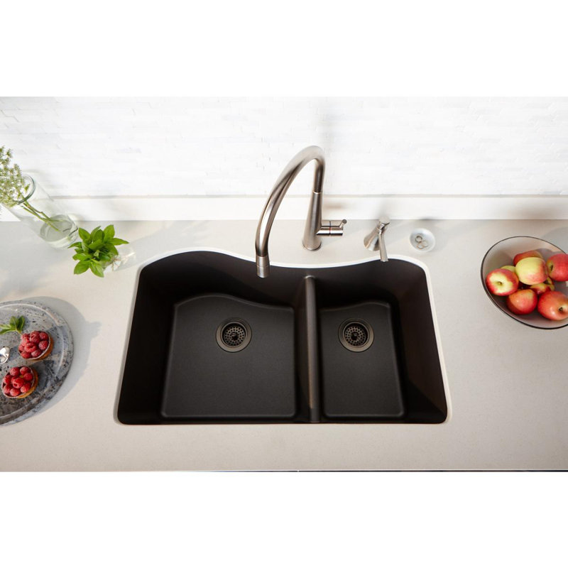 Quartz Luxe 33" L x 20" W Double Basin Undermount Kitchen Sink, Caviar