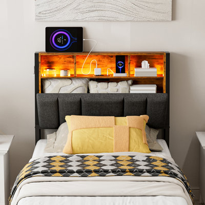 Wrought Studio™ Hidden Storage Headboard With Charging Station, Ergonomic Upholstered Linen Headboard Only With Led Lights, 2 Outlets & 2 Usb Ports, A by Wrought Studio