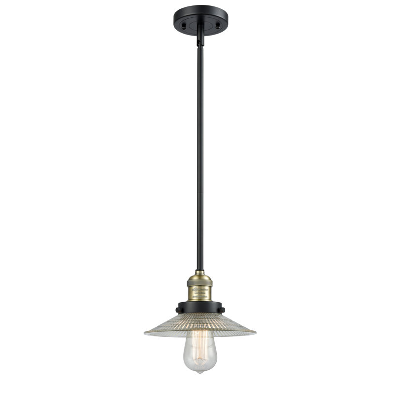 Luminaire suspendu conique à 1 lumière Miramontes, Ampoule incandescente rétro de 60 watts, Noir mat, Halophane transparent