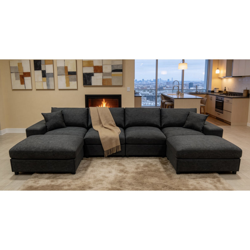 Canapé modulaire réversible avec repose-pieds Anchoretta, Lin gris et noir