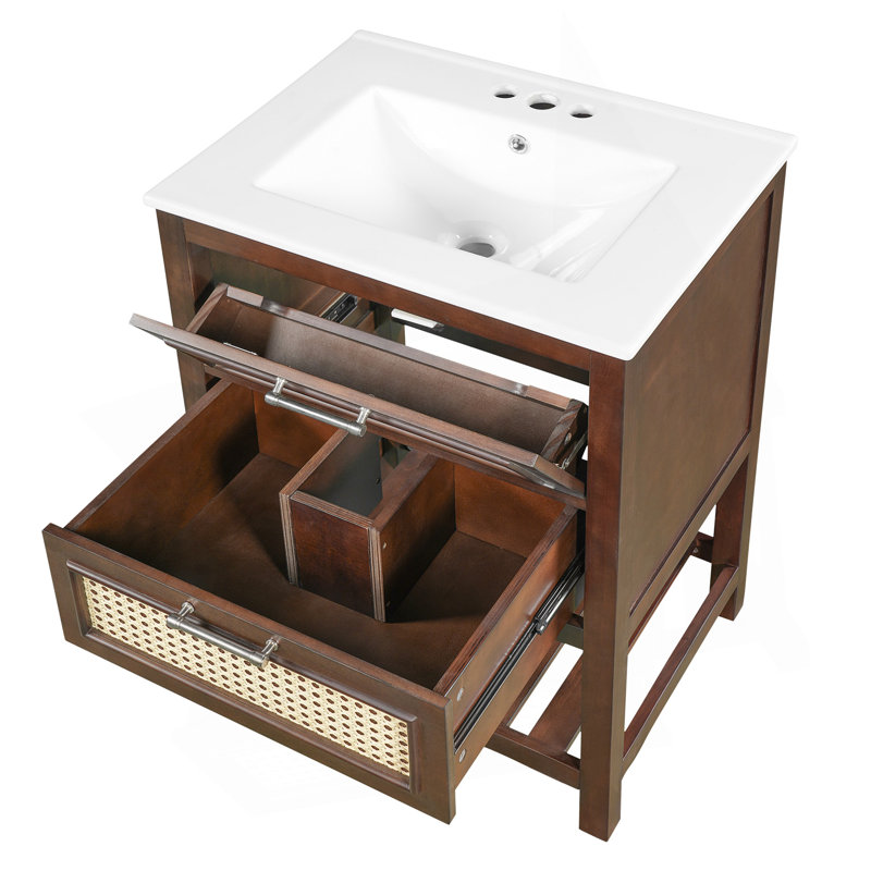 Meuble-lavabo de 24 po avec lavabo intégré en céramique, meuble-lavabo à 1 tiroir profond, 1 tiroir basculant et meuble-lavabo simple pour les petites et moyennes toilettes