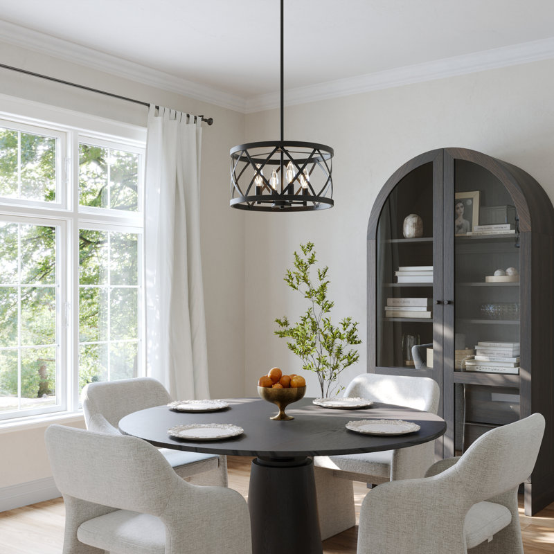 Genvile Industrial 4-Light Drum Chandelier with Adjustable Rod, Black Finish