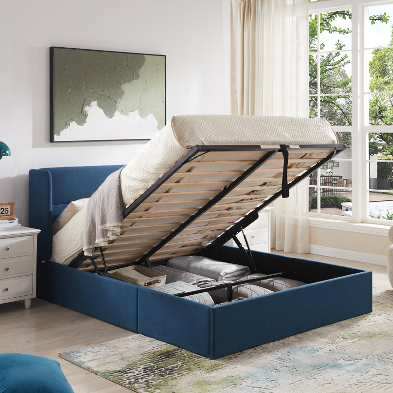 Lit plateforme tapissier avec rangement Gaillarde, Grand, Bleu pierre