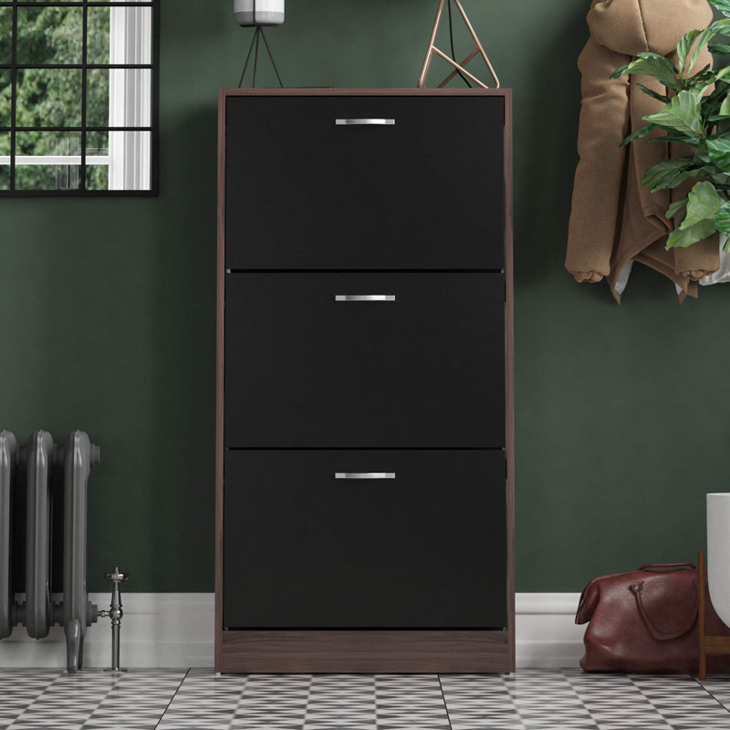 Vida 3 Drawer Flip Down Shoe Storage Free Standing Cabinet For Hallway, Walnut/Black, 118" H x 60" W x 24" D