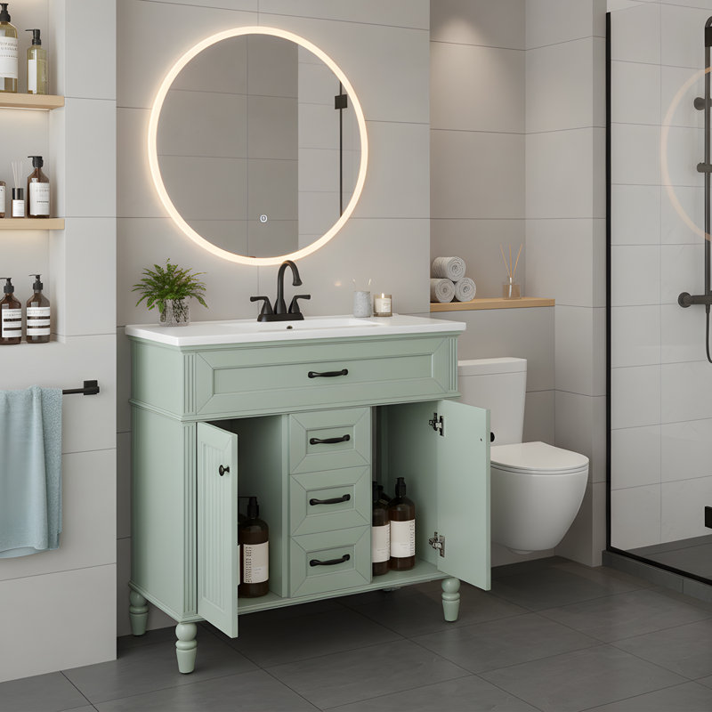 Meuble-lavabo sur pied 36 po avec lavabo en céramique, Vert / noir