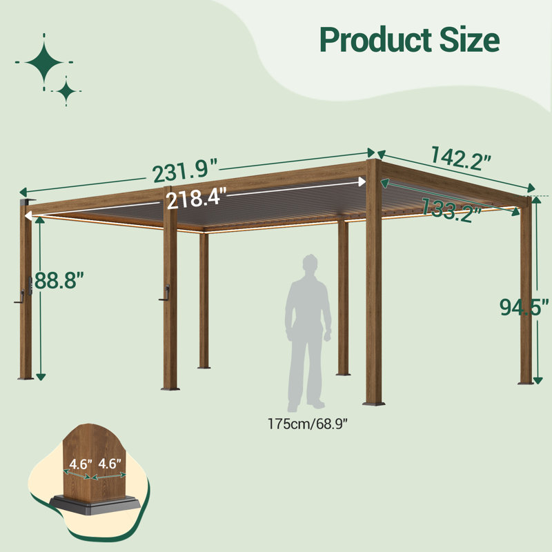 Aluminum Frame Solar LED Patio Pergola with Adjustable Louvered Roof, Wood Color, 12 X 20'