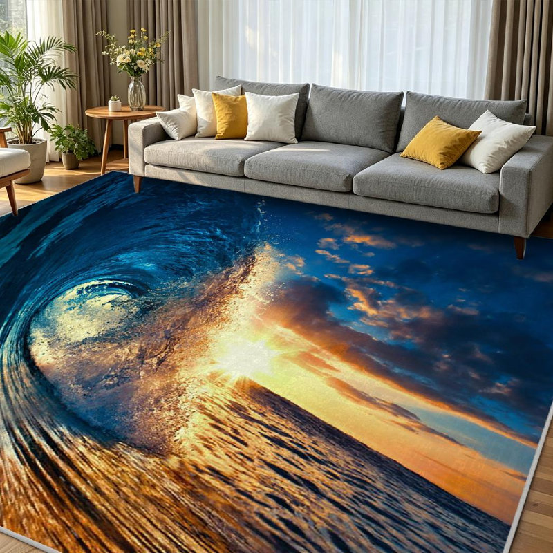 Tapis d'intérieur lavable transparent à l'eau Ocean Sunset Wave, Rectangle 79 po x 118 po