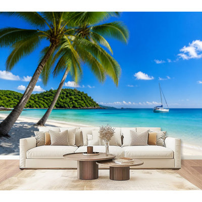 Papier peint mural autocollant motif palmiers et plage tropicale, décoration murale moderne et adhésive pour chambre ou salon, 175 cm L x 244 cm l
