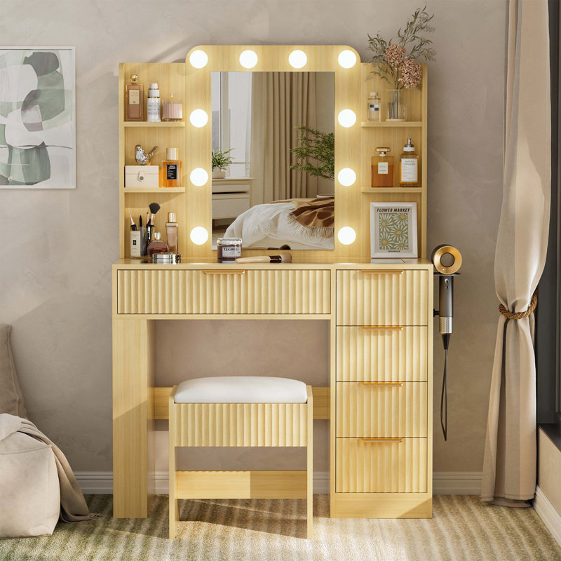 Vanity Table with LED Mirror, Charging Station, 5 Drawers and Stool, Oak