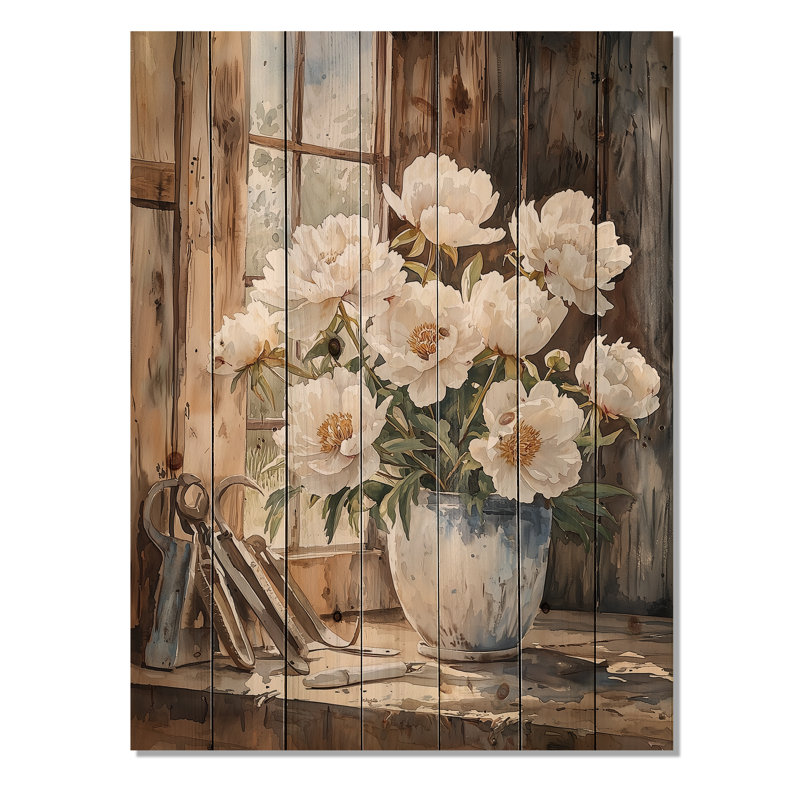 Pivoines dans la remise laitière I - Décoration murale en bois de pivoines - sur bois de pin naturel