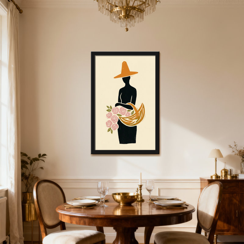 Silhouette abstraite femme avec chapeau et fleurs, H 24 po x l 16 po, Toile tendue, Ne s’applique pas
