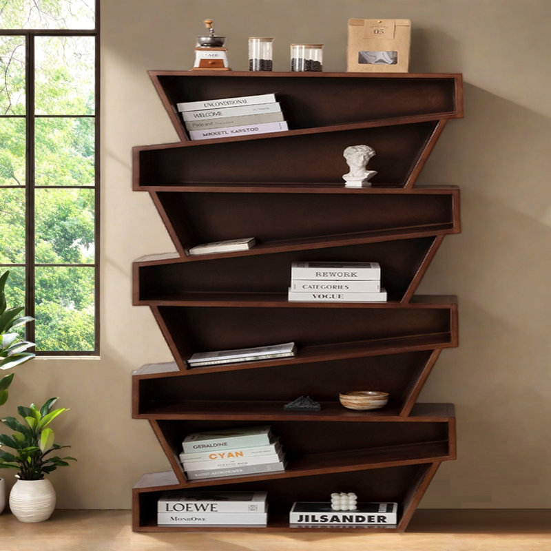 Stylish 8 - Tier Irregular Solid Wood Bookcase, (8 Shelves) 66.9"H x 39.4"W x 11"D