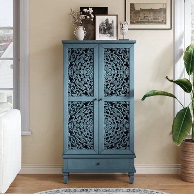 Anadia 55'' Tall Accent Cabinet with Openwork Carving Door and Solid Wood Legs Storage 2-Door Carved Wood Buffet Cabinet With Drawer