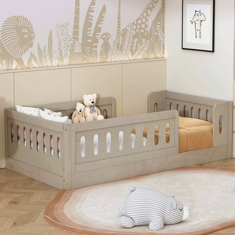 Lit plateforme en bois avec garde-corps, Naturel