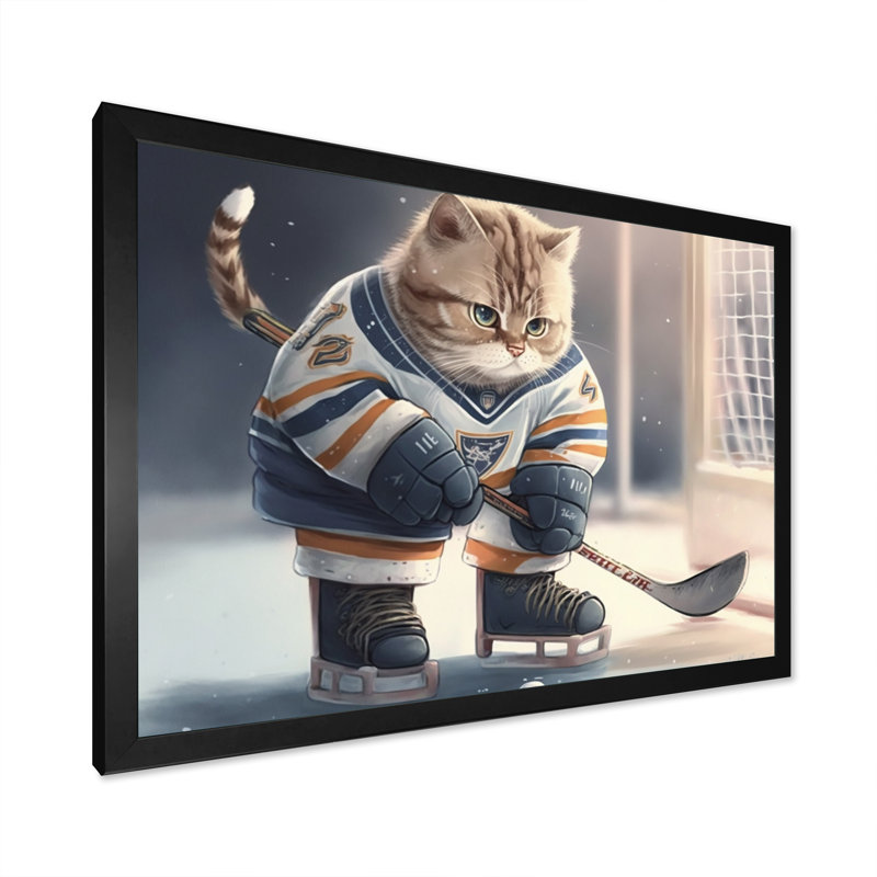 Dessin animé «Hocket Cat on Ice Rink I», impression sur toile, Impression noire sur toile encadrée