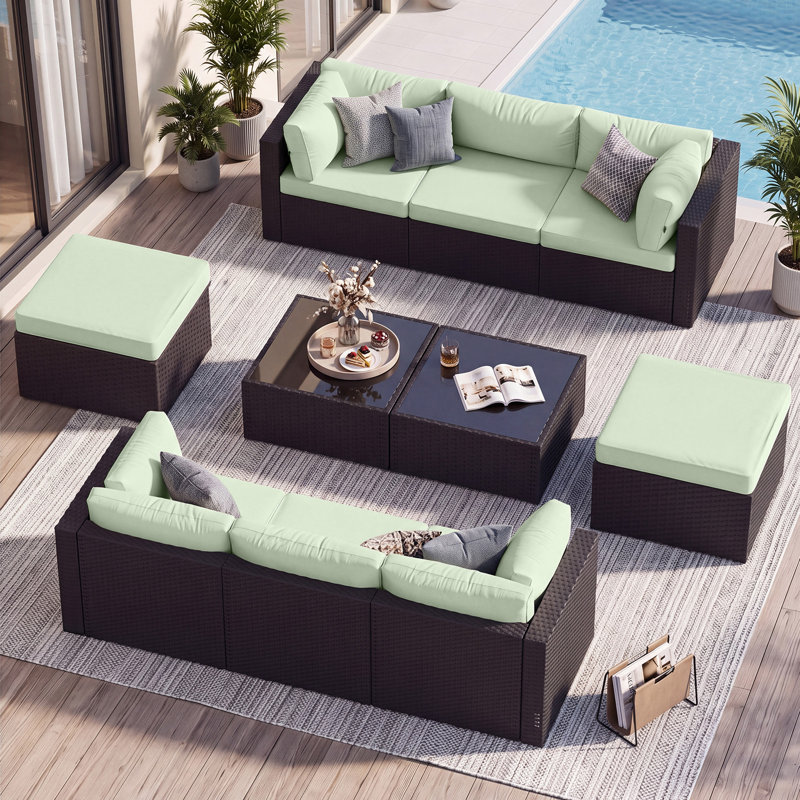 Canapé d'angle modulaire en résine tressée de 10 pièces avec pouf et coussins, Vert