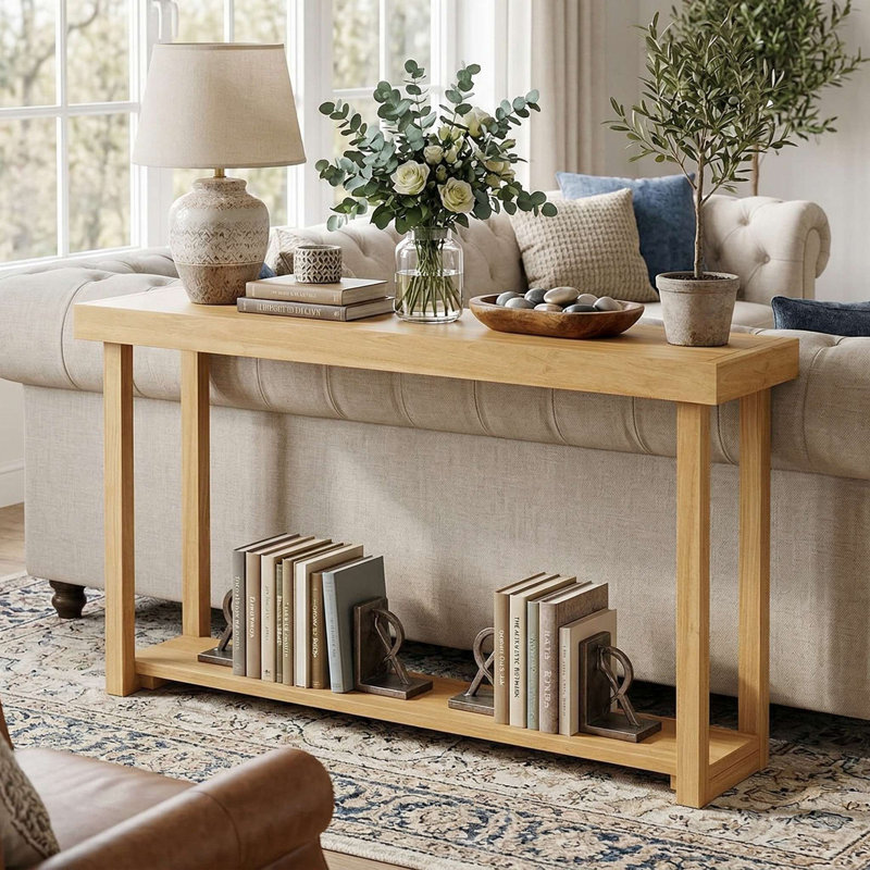 Canapé console de ferme à 2 niveaux de 46 po en bois massif à 2 niveaux, plateau de table imperméable et résistant aux égratignures et tablette de rangement ouverte, conception anti-basculement convenant au vestibule