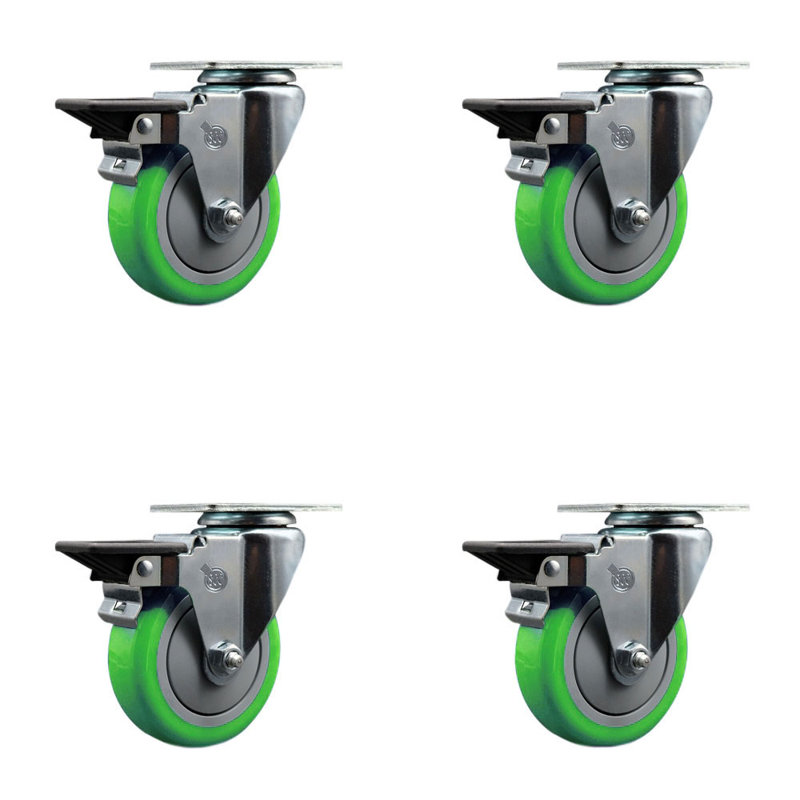 4 Inch Green Poly Wheel Swivel Top Plate Caster Set Posi Brake Service Caster