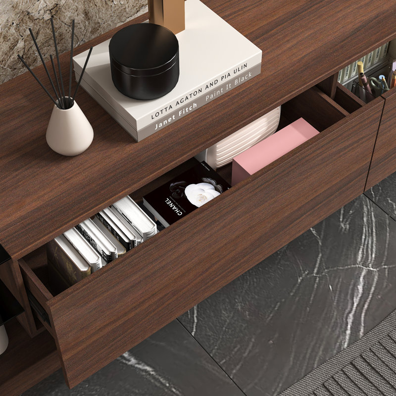 Culver 89'' W 2-Drawer Sleek TV Stand Media Console With Ambient Lighting And 2-Tier Tempered Glass, Walnut