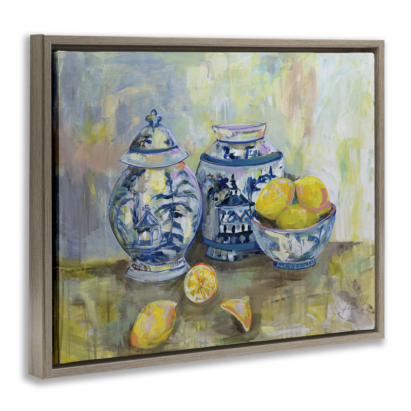 "Lemons & Pottery", peinture classique encadrée sur toile flottante à grain brun par Jeanette Vertentes, H 21 po x l 17 po
