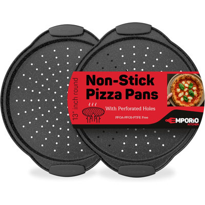 Ensemble de 2 plaques à pizza antiadhésives avec poignée en silicone, plateau rond en acier au carbone de 13 pouces avec trous perforés, va au lave-vaisselle et au four jusqu'à 450 ° F, revêtement en marbre gris antiadhésif durable et antiadhésif