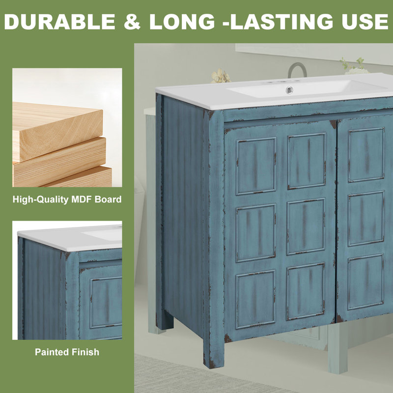 Meuble-lavabo 36 po avec lavabo en céramique, Bleu rétro