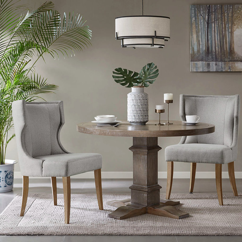 Light Gray Upholstered Wingback Dining Side Chair with Wood Legs