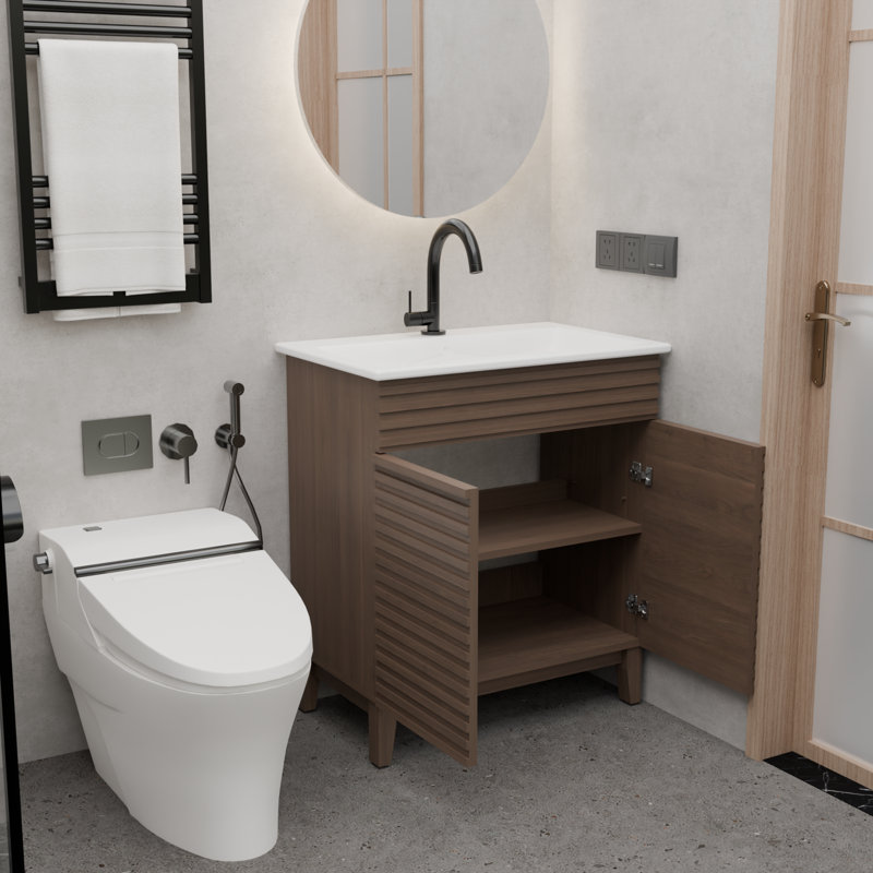 Meuble-lavabo simple 30 po Mid-Century avec plateau en céramique