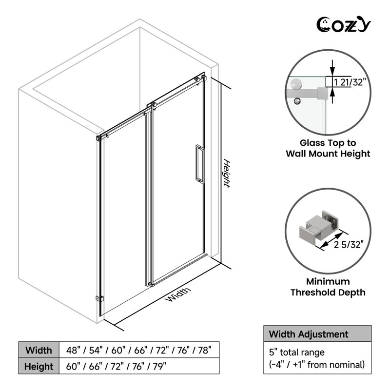 62-67" W X 79" H Frameless Single Sliding Shower Door with 3/8" (10mm) Clear Tempered Glass, Shatter-Resistant Film & Installation Hole Locator - Square Top Rail