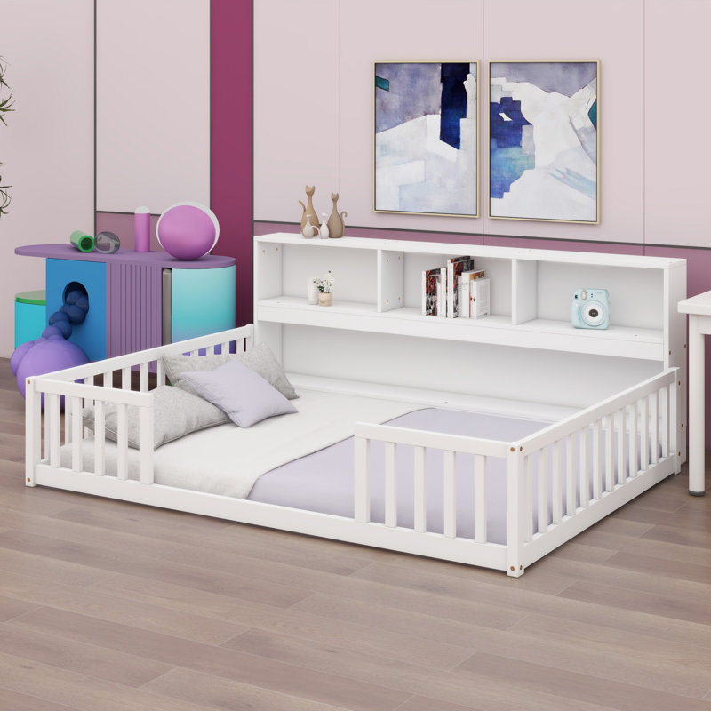 Floor Bed With Side Bookcase,Shelves,Guardrails