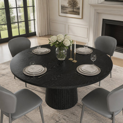 Table de salle à manger ronde en panneau de fibres à densité moyenne pour 4 personnes, table de cuisine de style campagne moderne avec base en bois, table ronde au fini noir pour la cuisine et le salon