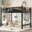 Lit mezzanine double en métal avec échelles, avec tablettes de rangement et bibliothèque, sans sommier tapissier et design chic, noir-133593050