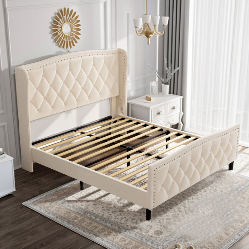 Mirabai Upholstered Metal Wingback Bed, Off White, Full