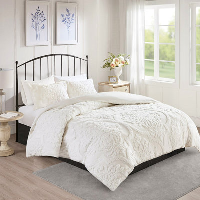 Literie en chenille de coton double / grand lit, Shabby Chic avec accessoires de literie et boutons blancs, taies décoratives avec couette boutonnée