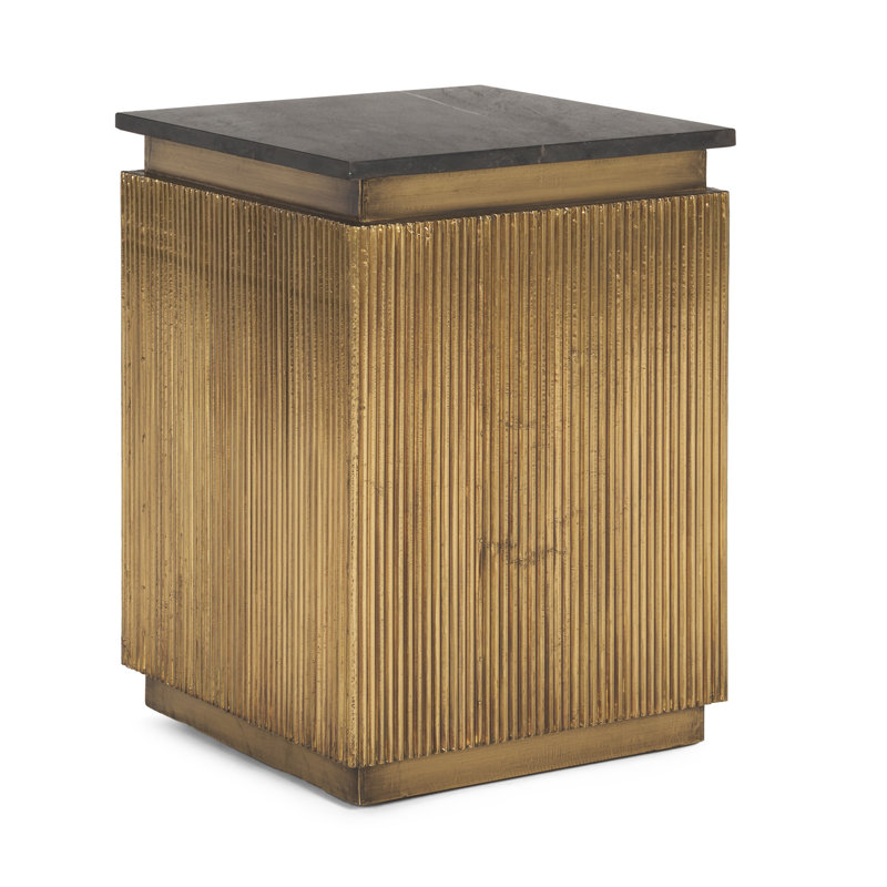 Table de bout carrée 22 po en pierre noire et dorée et laiton