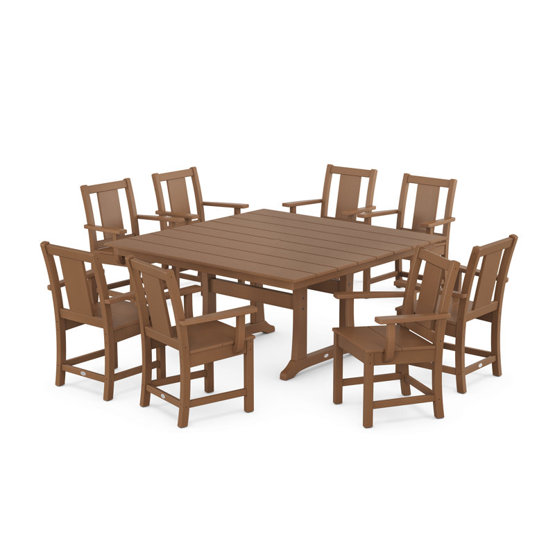 Ensemble repas de style campagnard carré 9 pièces avec pieds en tréteaux Prairie, Teck