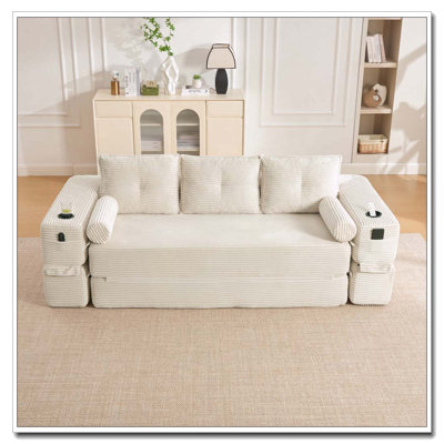Canapé-lit convertible compact à trois sièges au design minimaliste, futon avec siège-lit désossé, canapé de plancher en velours côtelé doux, appuis-tête réglables et mobiles, soutien dorsal épais