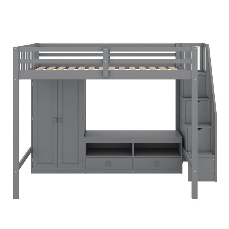 Structure de lit double pleine grandeur avec garde-robe, table de rangement basse et escalier de rangement, gris
