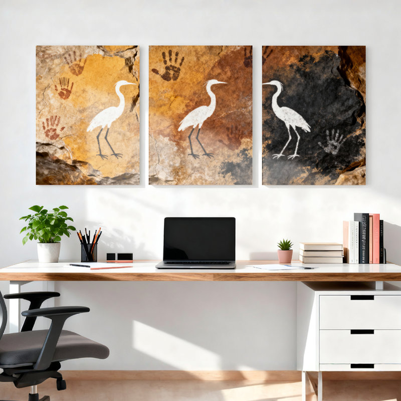 Ensemble de 3 tableaux sur toile tendue représentant un héron blanc et une empreinte de main dans une grotte