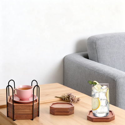 Ensemble de sous-verres rustiques en bois avec support, 6 sous-verres octogonaux pour la décoration intérieure, conception antidérapante, bord à rebord pour la protection contre les déversements, accessoires de boissons durables et élégants
