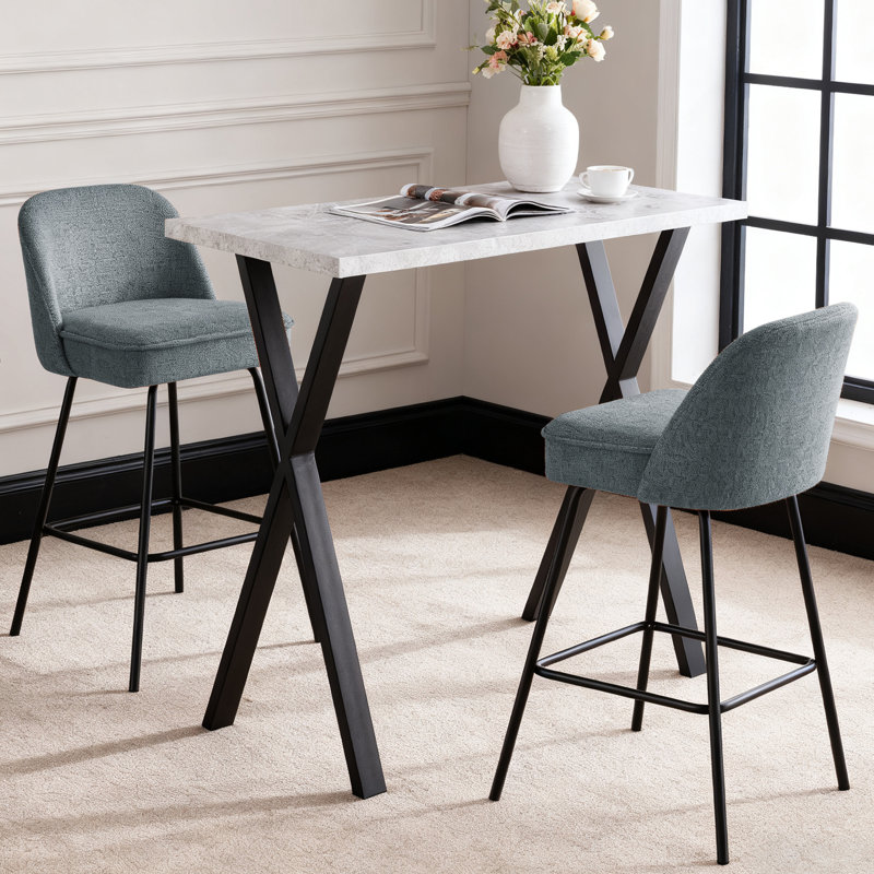 2 - Person Modern Dining Set 120cm Long Bar Table With Linen Bar Stool, Grey Marble, Grey